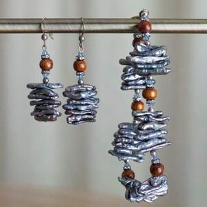 Martin & MacArthur Koa Wood Grey Keshi Pearl Jewelry Set Bracelet Earrings Kauai